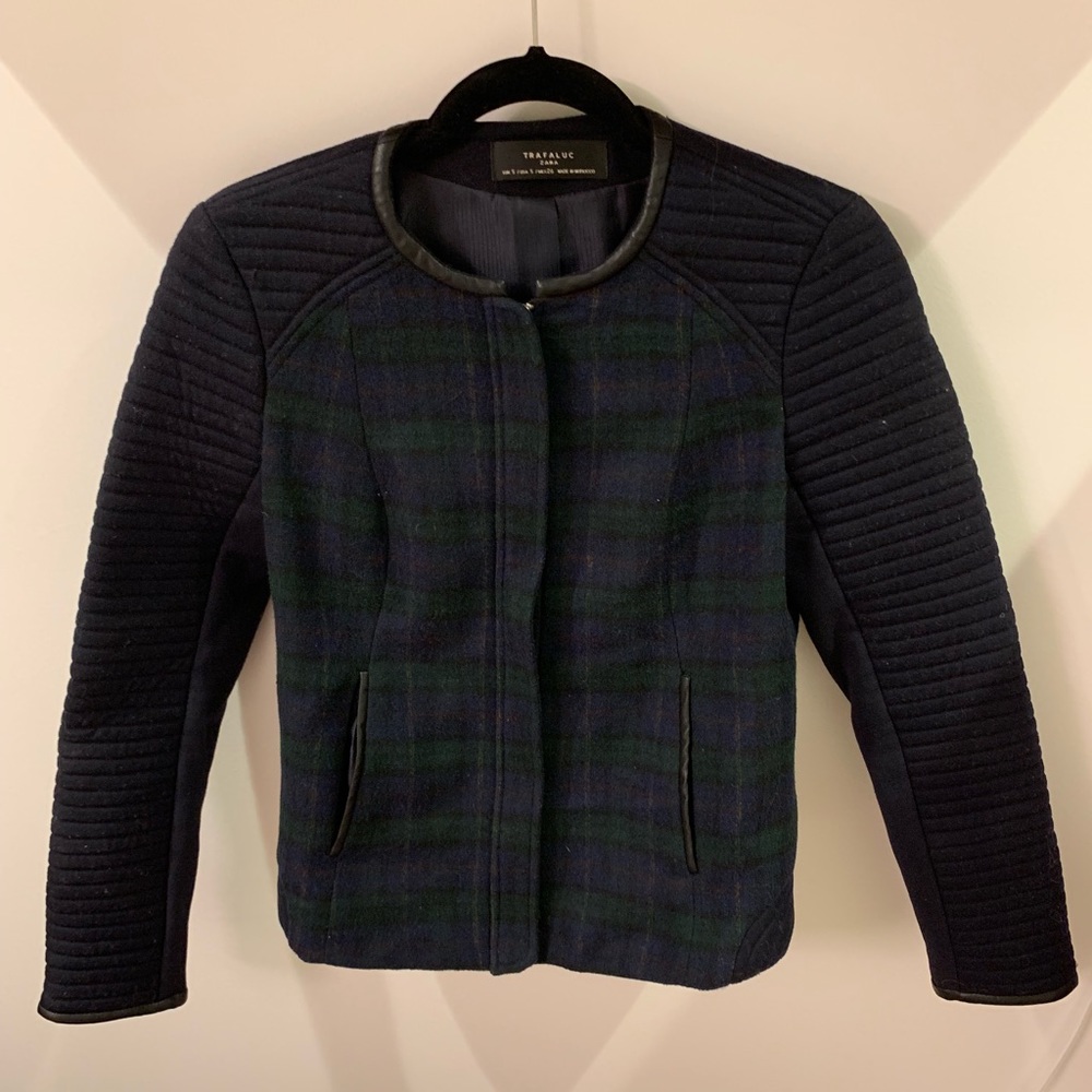 Zara plaid wool with leather detail jacket